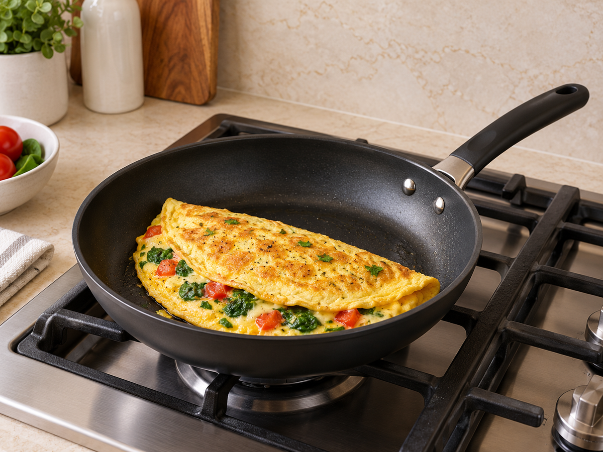 AI illustration of an ordinary frying pan with cooked eggs