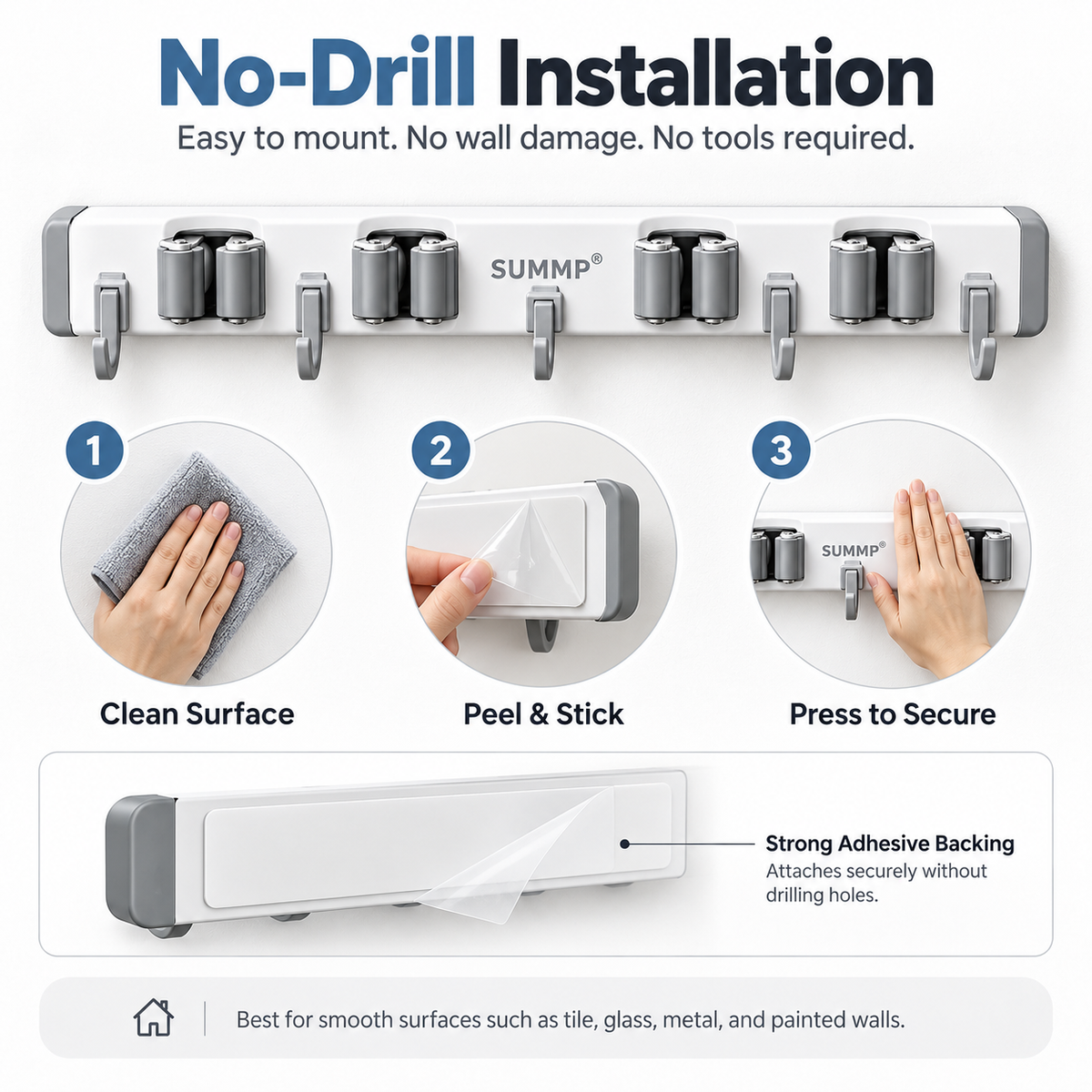 SUMMP® GripNest No-Drill Mop & Broom Holder Clear the Floor. Organize the Wall.