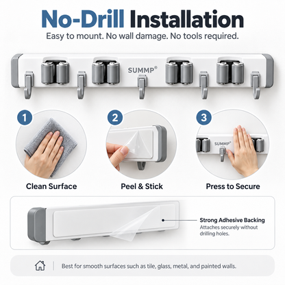 SUMMP® GripNest No-Drill Mop & Broom Holder Clear the Floor. Organize the Wall.