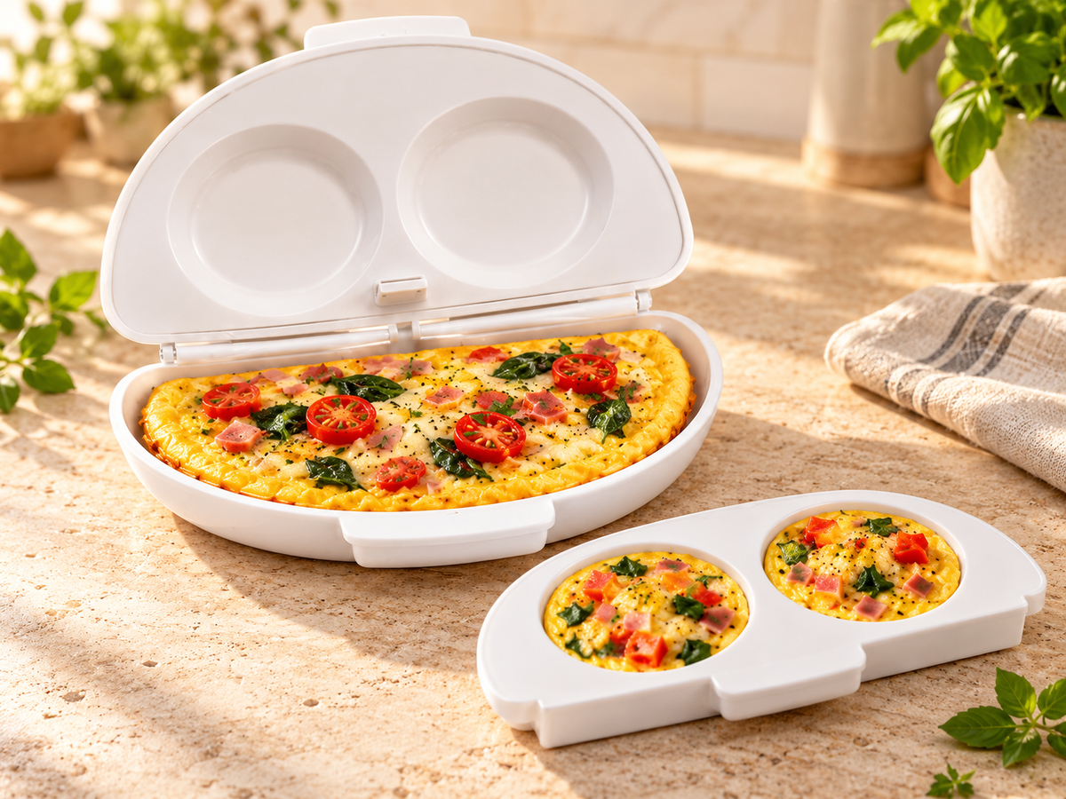 Illustrative microwave egg cooker with omelet and two-cup portions