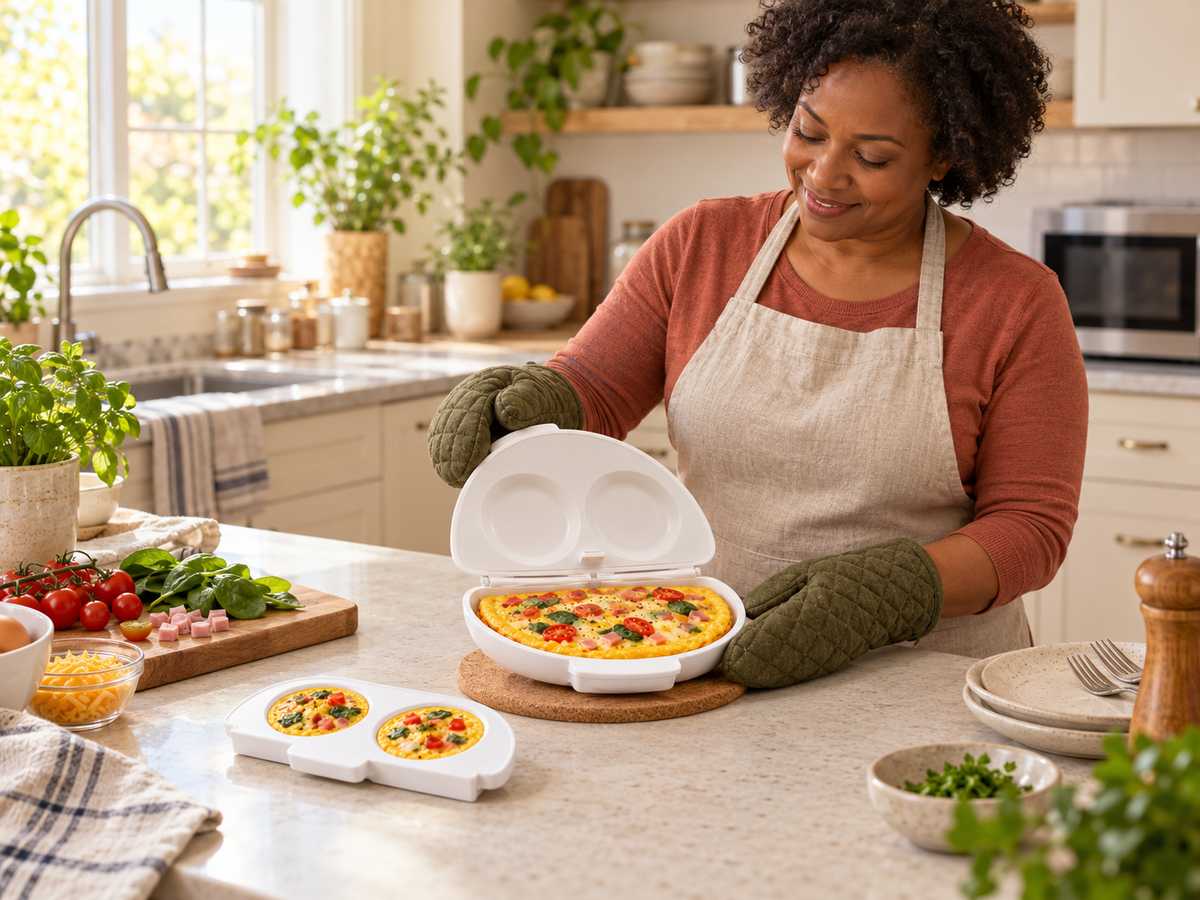 Illustrative everyday user handling a microwave egg cooker carefully