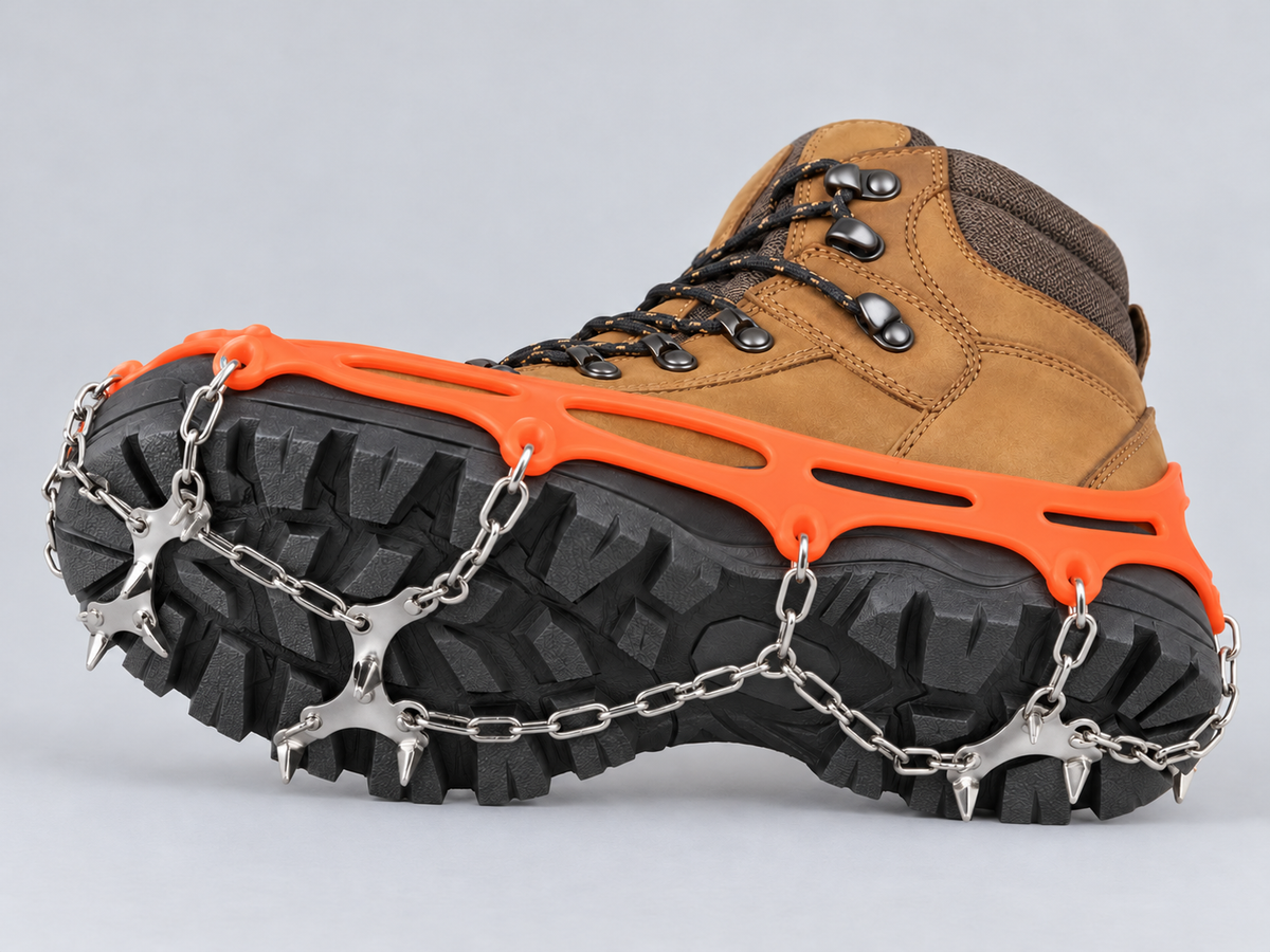 AI illustration of the same boot with removable traction hardware