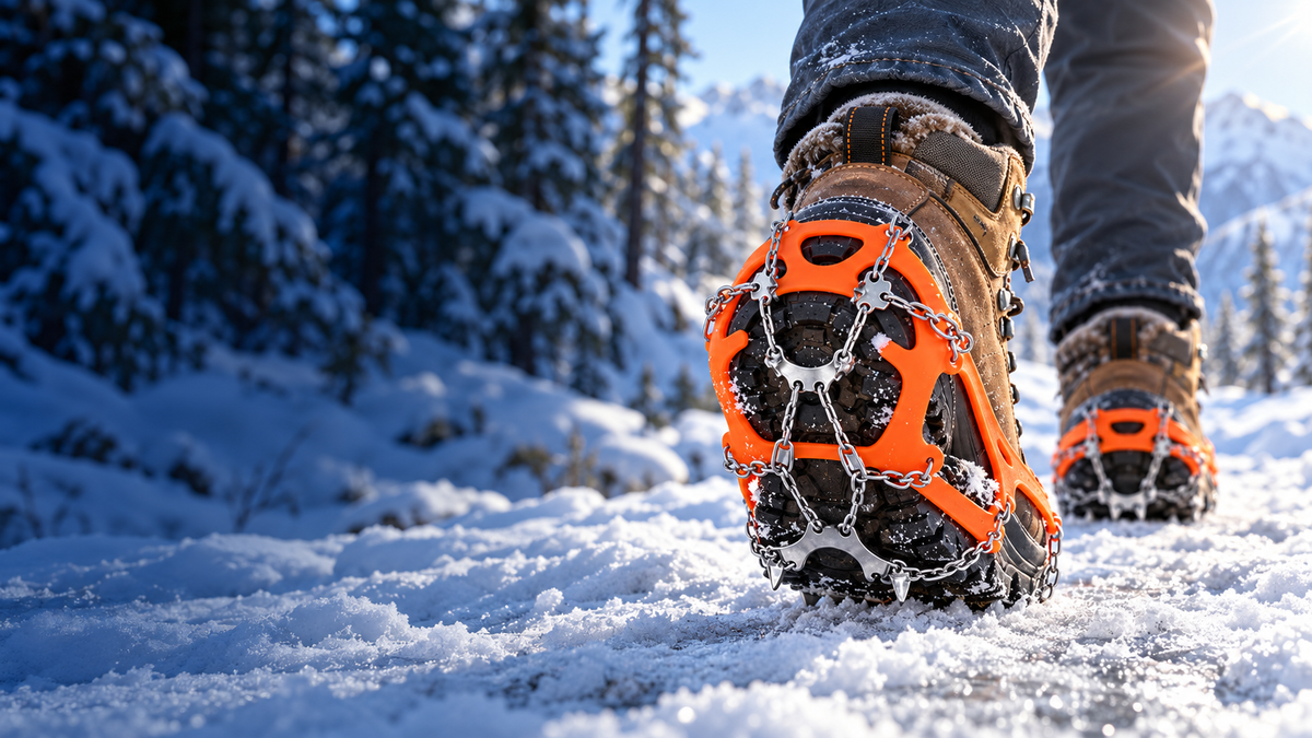 Ice cleats on winter boots in a snowy outdoor setting