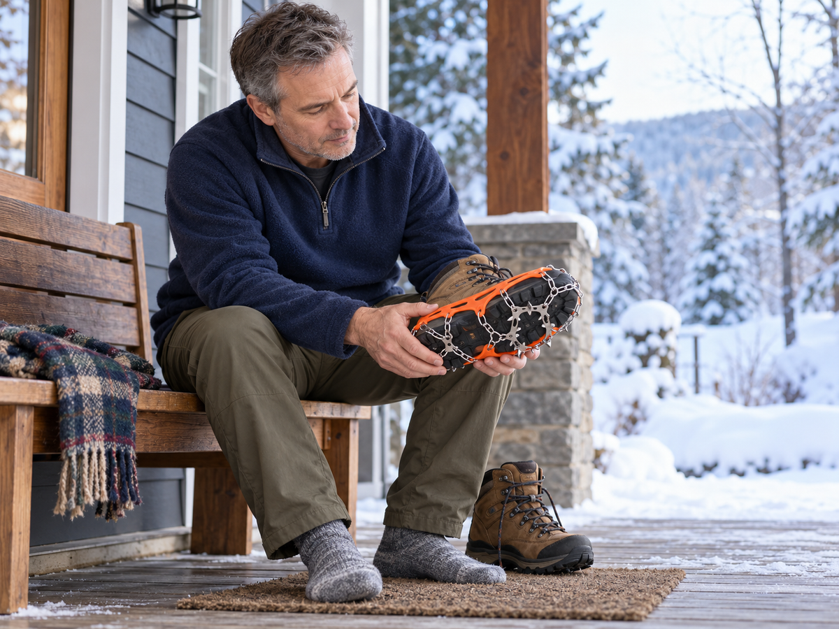 Illustrative everyday user checking a traction attachment before a winter outing