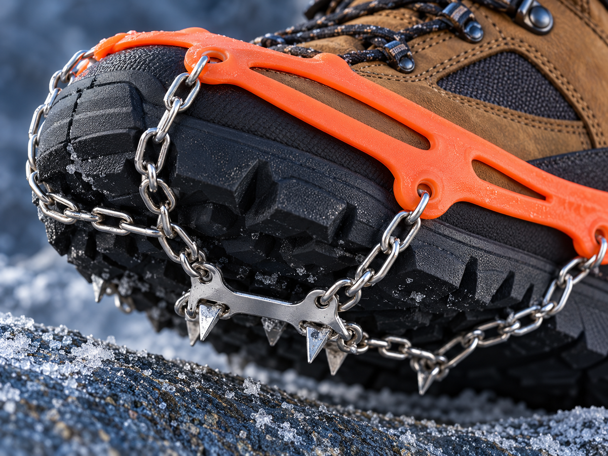Illustrative close-up of the elastic frame, metal chains and traction plates